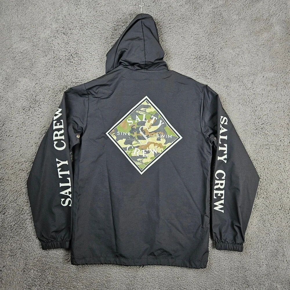 Salty Crew Mens Medium Tailed Hooded Windbreaker Jacket Black Logo Graphic